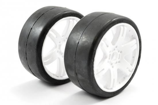 SWEEP 1/8TH GT SLICK GLUED 45DEG TYRES W/BELT / 6IX PAK WHITE WHEELS / BASIC (PR)