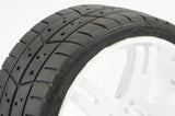 SWEEP 1/8TH GT TREAD GLUED 45DEG TYRES W/BELT / 6IX PAK WHITE WHEELS / BASIC (PR)