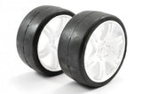 SWEEP 1/8TH GT SLICK GLUED 50DEG TYRES W/ BELT / 6IX PAK WHITE WHEELS / BASIC (PR)