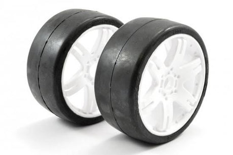 SWEEP 1/8TH GT SLICK GLUED 50DEG TYRES W/ BELT / 6IX PAK WHITE WHEELS / BASIC (PR)