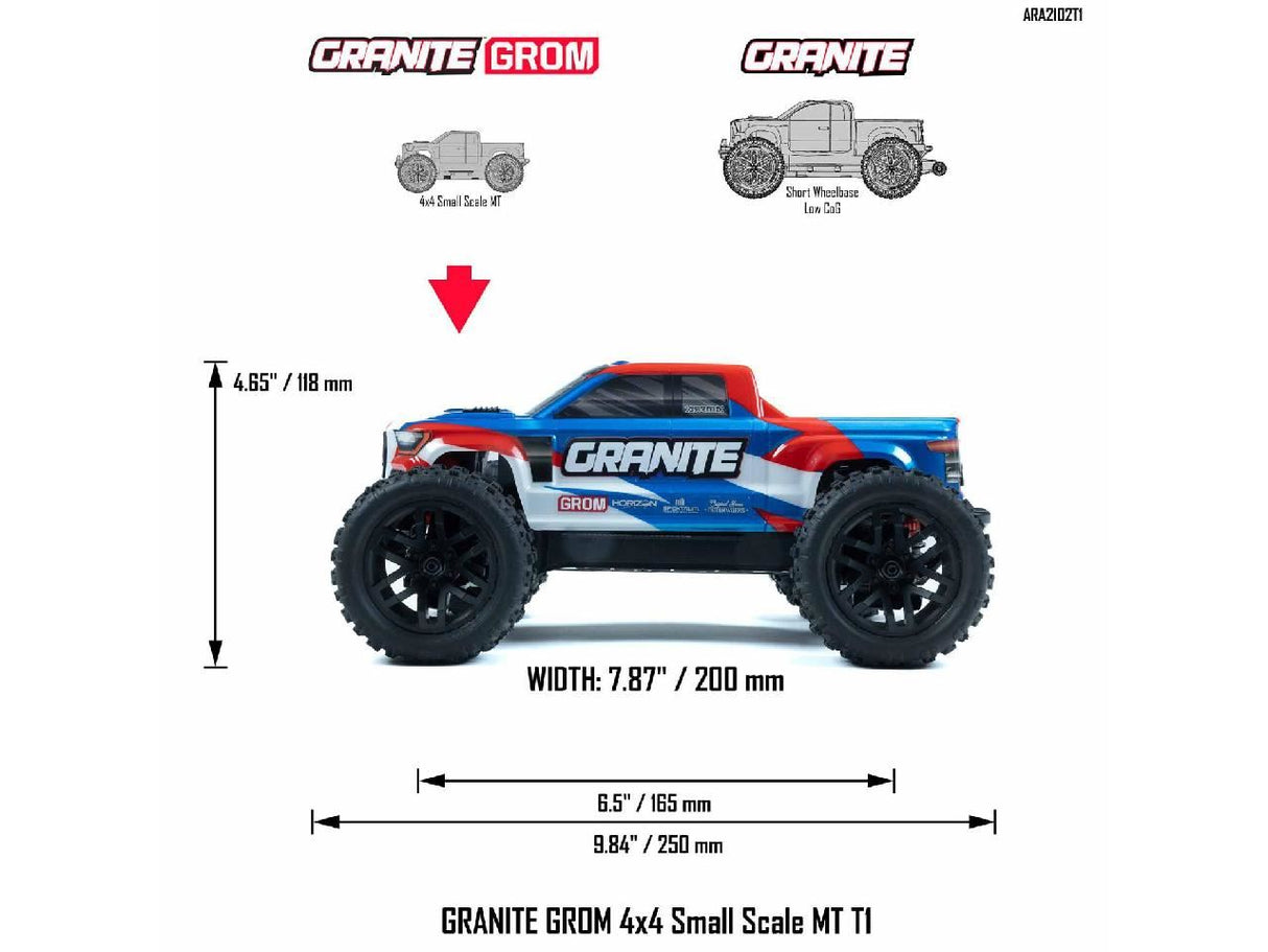 Arrma Granite Grom 4Wd Mt 1/18 Rtr Mega W/Lipo Batt/Usb Chg Bl/Red