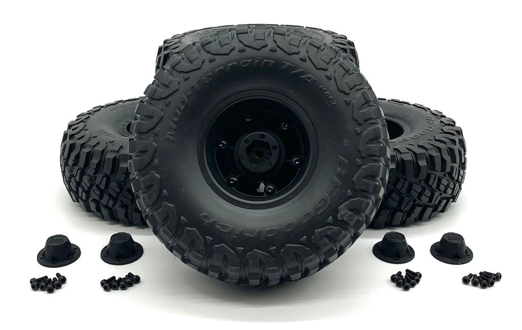 AXIAL SCX6 JEEP WRANGLER TIRES, MUD TERRAIN KM3 W/RHINO WHEELS (AXI45000; AXI45001) - GRADE A+