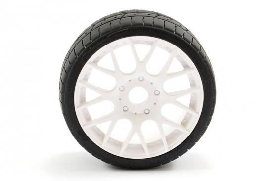 SWEEP 1/8TH GT TREAD GLUED 45DEG TYRES W/BELT / EVO16 WHITE WHEELS / BASIC (PR)