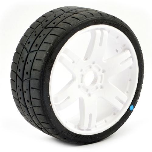 SWEEP 1/8TH GT TREAD GLUED 45DEG TYRES W/BELT / 6IX PAK WHITE WHEELS / BASIC (PR)