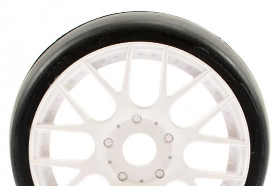 SWEEP 1/8TH GT SLICK GLUED 50DEG TYRES W/BELT / EVO16 WHITE WHEELS / BASIC (PR)