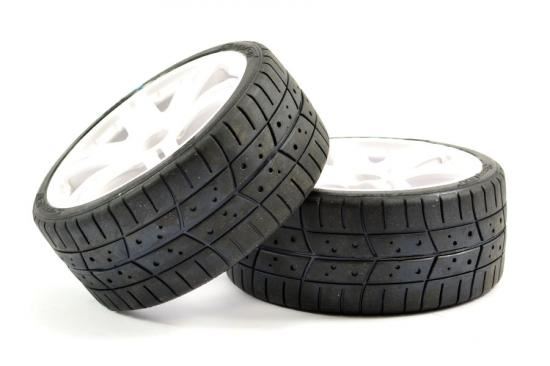 SWEEP 1/8TH GT TREAD GLUED 45DEG TYRES W/BELT / 6IX PAK WHITE WHEELS / BASIC (PR)