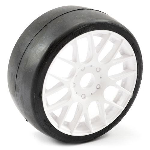 SWEEP 1/8TH GT SLICK GLUED 50DEG TYRES W/BELT / EVO16 WHITE WHEELS / BASIC (PR)